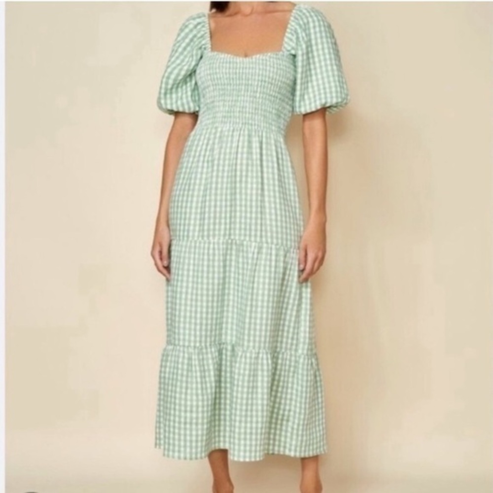 NWT Faithfull The Brand Dress Gianna PuffSleeve Midi Green Gingham Kivotos Check